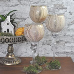3er Set Teelichtglas Kelch golden weiß 30/35/40 cm x Ø 13 cm auf einem Glas Fuß Kamin, Fenster, Tischdekoration