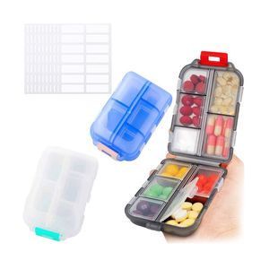 Pillenbox mit 10 Trennwänden und Aufklebern - wasserdichte und feuchtigkeitsbeständige Reisemedikament-Aufbewahrungsbox, Medikamentenklassifizierungsbox, 3 Packungen