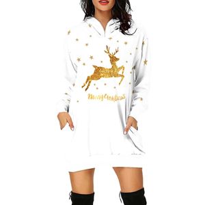 Damen Kapuzenpullover Lang Hoodie Langarm Pullover Casual Winter Weihnachten Sweatkleid Weiß,Größe:M
