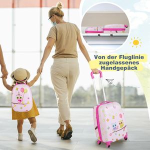 COSTWAY 2tlg Kinderkoffer + Rucksack, Kindertrolley aus Kunststoff, Kindergepäck, Kinder Kofferset Handgepäck Reisegepäck Hartschalenkoffer für Jungen & Mädchen (Rosa Vögelchen, 12"+16")