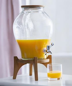 Getränkespender "Fresh" aus Glas mit Zapfhahn, ca. 6 Liter mit Gestell & Deckel aus Holz, Saftspender