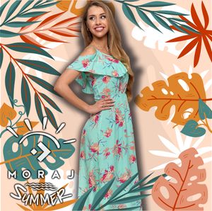 MORAJ Dámské letní šaty Plážové viskózové květinové maxi šaty Boho Casual - Mint Floral - L