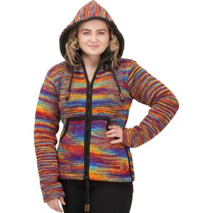Damen Strickjacke Goa Wolle Bunte Regenbogen Jacke  Fleecefutter Hochkragen abnehmbarer Kapuze, Größe:XXS