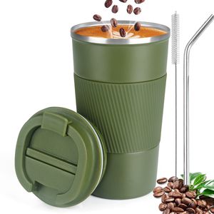 Termohrnek, protiskluzový cestovní hrnek z nerezové oceli 13oz s brčkem a nylonovým štětinovým kartáčkem, nepropustný cestovní hrnek s víčkem Coffee-to-go Mug, zelený, 3, 380 ml