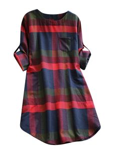 Lässiges Locker Kariertes Langarmhemdkleid Für Damen,Farbe: Rotes und blaues Gitter,Größe:M