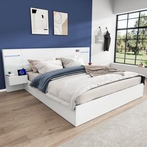 Flieks Holzbett Doppelbett 180x200cm mit USB & Elektronischer Uhr, Jugendbett Bett mit 2 Nachttisch & Bluetooth-Lautsprecher, Klassisches Bett, Weiß