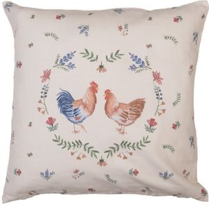 Clayre & Eef Kissenbezug 40x40 cm Beige Blau Baumwolle Quadrat Huhn und Hahn