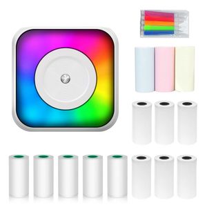 Mini-Drucker, Thermodrucker with RGB Licht Bluetooth Fotodrucker fuer Smartphone mit 9 Thermopapierrollen 57 mm + 5 selbstklebenden Papierrollen + 5 Farbmarkierungen, kompatibel mit iOS Android