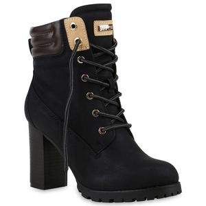 Mytrendshoe Damen Schnürstiefeletten Worker Boots Stiefeletten Block Absatz 812259, Farbe: Schwarz, Größe: 38