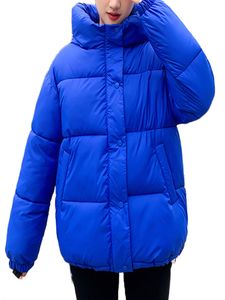 Frauen Langarm Puffer Jacken Urlaub Mit Kapuze Outwear Casual Button Down Mantel, Farbe:Blau, Größe:2Xl