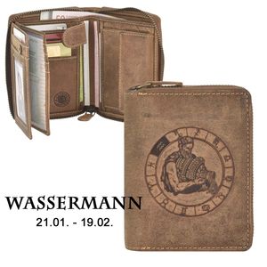 Greenburry Geldbörse Herren Leder braun antik Vintage mit Sternzeichen Prägung Portemonnaie mit Reißverschluss 821A-WASSERMANN