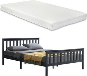 Drevená posteľ s matracom zo studenej peny Rám postele s vysokým čelom a lamelovým roštom 160x200 cm Manželská posteľ Manželská posteľ Borovicové drevo Tmavo sivá [sk.casa]