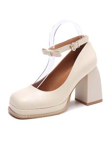 Damen Chunky Pumps Block Heel Modekleid Schuhe Anti Rutsch Quadratzehen Hochzeit High Heels Beige,Größe:EU 35