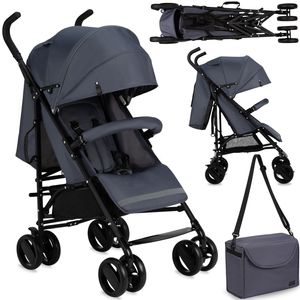 MoMi AKIRA Buggy Kinderwagen – Zusammenklappbar, Leicht 6,7 kg, Moskitonetz, Regenschutz, Korb, Tasche – Grau