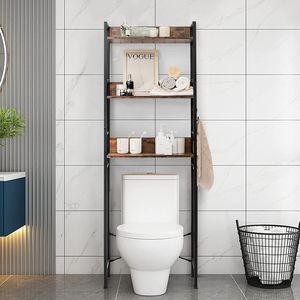 COSTWAY 3-poschodová WC polica drevo a kov, kúpeľňová polica voľne stojaca, polica na práčku s 3 háčikmi, WC Reagl 60x24x172cm