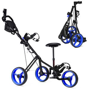 COSTWAY 3-Rad Golftrolley klappbar, Golfwagen mit verstellbarem Sitz und Griff, Schiebewagen, Metall Golf Push Cart, Golfcaddy mit Schirm- und Tassenhalter, blau+schwarz