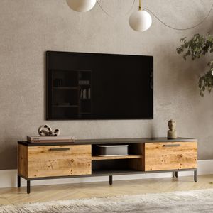 TV Board Lempäälä Lowboard 160 cm Fernsehtisch mit 2 Türen und 2 Ablagefächer Metallbeine Eiche rustikal / Anthrazit