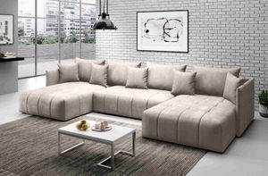 FURNIX U-Form-Sofa ASVIL Wohnzimmersofa mit Schlaffunktion und Bettkasten EN01 Beige