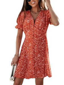 Damen Sommerkleider Baumwolle Kurzarm Strandkleid Minikleid Blumendruck Kleider Rot,Größe 2XL