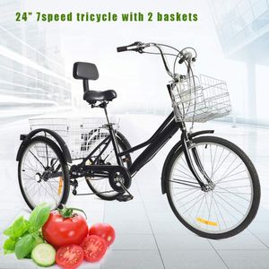 24 Zoll Dreirad Für Erwachsene 7 Gänge 3 Räder Erwachsenefahrrad Fahrräder mit Rückenlehne Körben Schwarz