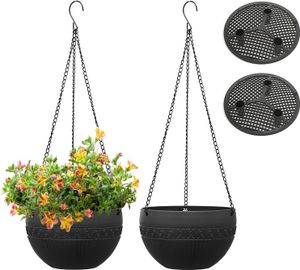 2 Stück Blumenampel Außen mit Ablaufloch, Selbstbewässerung Hängende Blumentöpfe mit Rostfrei Ketten, Hängeampeln für Innen Draußen, schwarz, 21cm