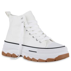 VAN HILL Damen Plateau Sneaker Stoff Schnürer Profil-Sohle Plateau-Schuhe 841071, Farbe: Weiß, Größe: 40