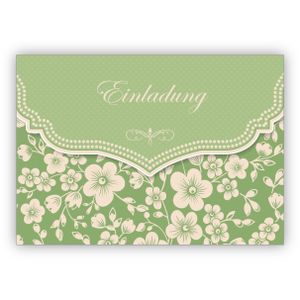 Schöne Einladungskarte mit Retro Kirschblüten Muster zur Hochzeit, Taufe, Diner etc, grün: Einladung