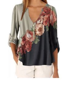 Damen-Blumen-Chiffon-Hemd Mit V-Ausschnitt Und Lässigem Button-Top,Farbe: Grau,Größe:L