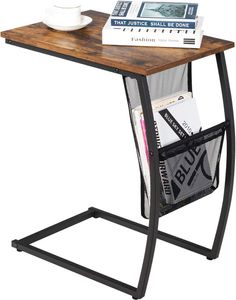 COSTWAY Odkládací stolek dřevo kov s boční kapsou, stolek na notebook, rozkládací stolek ve tvaru C, konferenční stolek s průmyslovým designem, stolek na pohovku, postel, obývací pokoj, ložnice 52x35x63cm