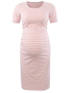 Damen Umstandskleider Kurze Ärmel Schwangerschaft Kleidung Streifen Mutterschaftskleid Rosa,Größe Xl