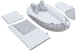 JUKKI® Baby Nest ✨ 5ks BAVLNENÝ SET pre novorodencov [Sivé hviezdičky] 2 strany 100x55cm detské hniezdo + matrac + deka + 2xpolštáre