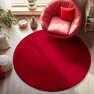 Waschbarer Teppich Wohnzimmer Kurzflor rutschfest Flauschig Einfarbig Felloptik, Rot, 160 cm Rund