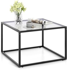 COSTWAY Couchtisch Glas, Glastisch mit Oberfläche aus Hartglas, quadratischer Wohnzimmertisch, Kaffeetisch, Sofatisch für Wohnzimmer, 70 x 70 x 45 cm (Grau und Schwarz)