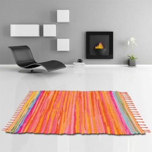 Flickenteppich handgewebter Teppich aus Baumwolle, stylischer und strapazierfähiger Fleckerlteppich (90 x 150cm / orange - coral)