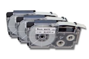 vhbw 3x Schriftband-Kassette Ersatz für Casio XR-9WE, XR-9WE1 für Etiketten-Drucker 9mm Schwarz auf Weiß