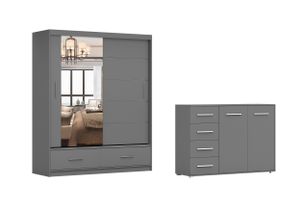 2er SET Schwebetürenschrank FLORENCE mit Spiegel 150 cm und Kommode FRIDA 01 2D4S, Breite: 135 cm GRAU/GRAU