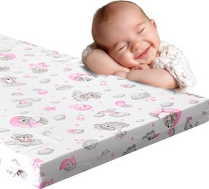 HOBBYKIDS Hypoalergénny stredne tvrdý matrac do detskej postieľky a cestovnej postieľky 120x60 cm H2/H3 penový matrac so snímateľným poťahom, pre deti a bábätká s motívom zvieratiek a spiaceho medveďa