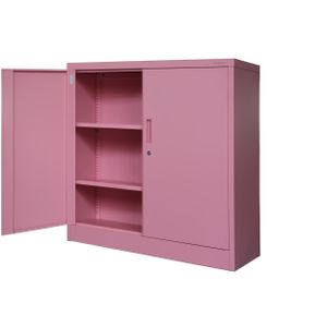 Kleiner Aktenschrank C001B Büroschrank mit Flügeltüren Metallschrank Lagerschrank Pulverbeschichtet Stahlblech Abschließbar 92,5 x 90 x 40 cm, Farbe: Rosa