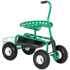 Outsunny záhradný vozík s pojazdným sedadlom do 150 kg s úložným košom na drobné záhradné náradie dielenský vozík pojazdné záhradné sedadlo smerové riadenie výška sedadla 46-59 cm nastaviteľná výška kovová guma zelená