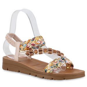 VAN HILL Damen Riemchensandalen Sandalen Prints Strass Zierperlen Schuhe 840960, Farbe: Beige, Größe: 39