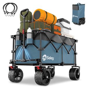 Sekey XXL 200KG Belastbar Bollerwagen Faltbar mit Spanngurte, 17x10 cm Extra Breite Reifen, Blau und Grau