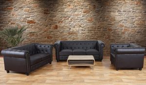 Luxusná sedacia súprava 3-2-1 lounge sofa Chesterfield Imitácia kože ~ okrúhle nohy, hnedá