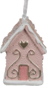 Clayre & Eef Vánoční visačka perníková chaloupka 4x4x6 cm růžový polyresin