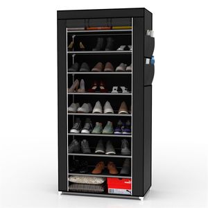 Intirilife skládací šatní skříň 170x58x28 cm v barvě RABEN BLACK - se zipem Šatní skříň Stojan na boty s 9 policemi - kempingová textilní šatní skříň