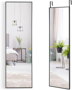 Wandspiegel 120 x 37cm, Ganzkörperspiegel Wand-&Türmontage, Türspiegel mit 3 stufig verstellbarem Haken, Hartglas & Metallrahmen, Hängespiegel für Garderobe Eingang (Schwarz)