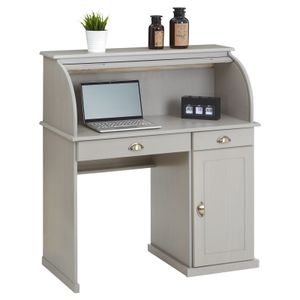 Sekretär TOM aus massiver Kiefer in grau, schöner Bürotisch mit 2 Schubladen und 1 Tür, praktischer Arbeitstisch mit Rollladen