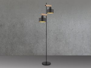 Zweiflammige LED Industrial Holz Stehlampe mit Lampenschirmen Schwarz innen Gold