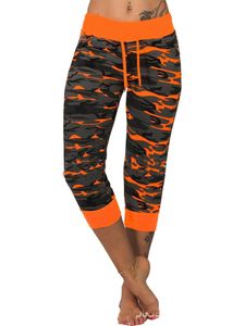 Damen Mid Waist Camouflage Yoga Capri Hosen Sport Leggings Hosen Kordelzug,Farbe: Orange,Größe:3XL