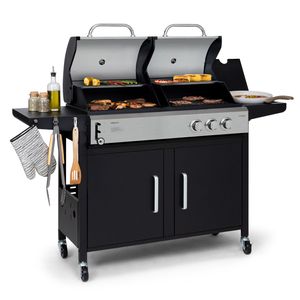 Klarstein Gasgrill mit Kochplatte, Seitenbrenner Gasgrill mit 3 Brenner, 8,1kW Edelstahl-Gasgrill, BBQ Gasgrill für Balkon & Garten, Grill für Gas & Kohle, Gasgrills mit Thermometer