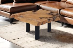 Couchtisch Ibiza, Beistelltisch aus Baumwurzelholz, Teakholz massiv + Natur, Sofatisch mit Metallbeinen schwarz, 80 x 80 x 40 cm
